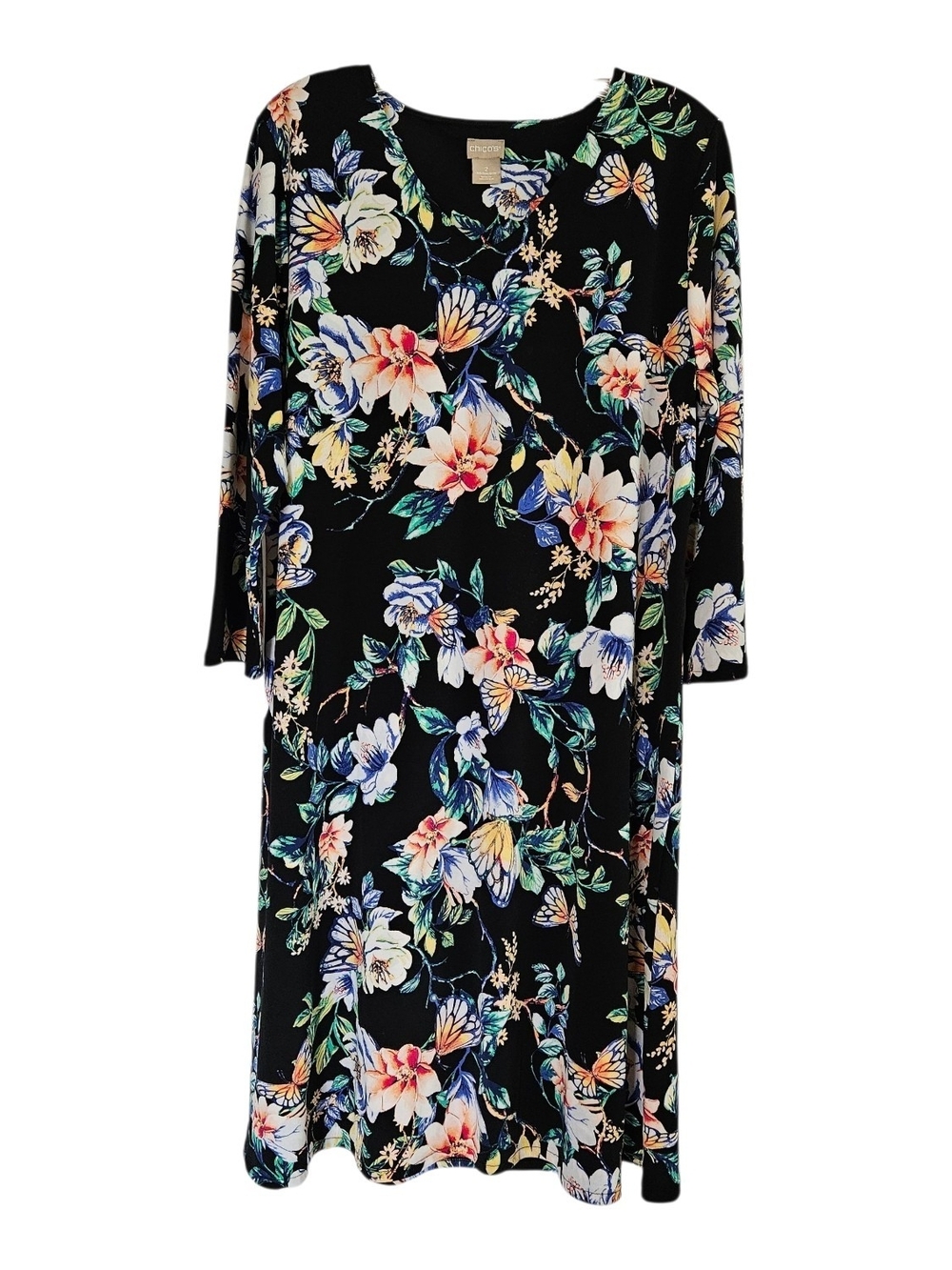 Black Floral Midi Dress with Multicolor Blooms Chico's Knee Length Floral Dress - Picture 1 of 10
